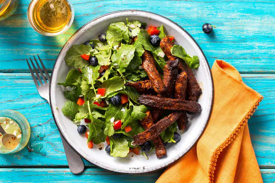 Jamaican Jerk Spiced Pork With Kale Blueberry Salad From Sunbasket